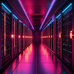 Fototapeta premium Glowing Neon Server Racks in Futuristic Data Center. High-tech digital infrastructure, network 