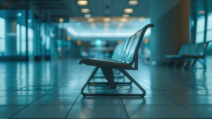 Deserted airport lounge with vacant seating, reflecting health regulations in air travel during a pandemic, focused on cleanliness and virus control measures