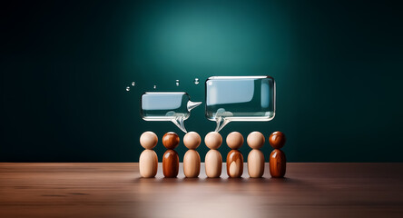 Wooden figures of diverse colors stand in a row beneath speech bubbles, symbolizing communication and dialogue within a group setting.
