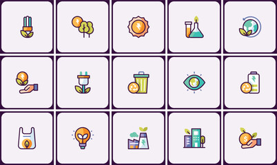 Colorful Energy and Ecology Icons Set Emphasizing Sustainability and Conservation
