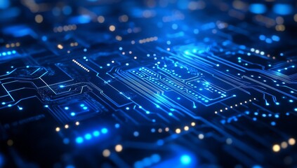 Obraz premium High-tech circuit board with glowing blue pathways