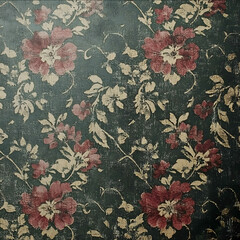 Vintage Victorian wallpaper with intricate floral patterns featuring faded and muted tones like deep burgundy and dark green The wallpaper appears aged with sub