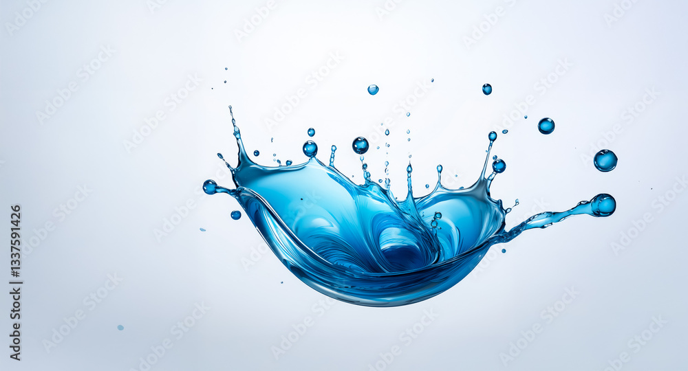 Poster blue liquid splashing and spreading out creating a crown shape on a light background, showing motion