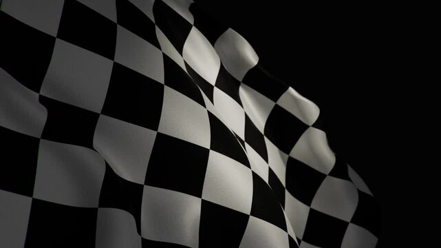 A closeup, spotlight-lit realistic 3D animation of a waving flag with a checkered pattern, showcasing its dynamic texture and fluid motion