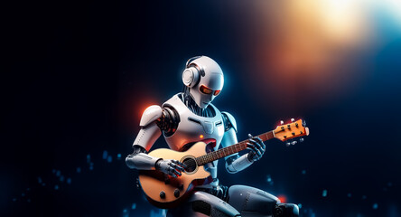 A sleek robot musician with headphones plays an acoustic guitar against a dark backdrop with soft lighting, embodying a blend of technology and artistic expression.