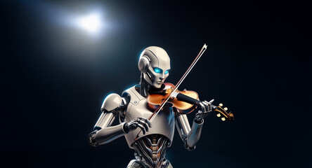 Naklejka premium A futuristic robot with glowing blue eyes plays a wooden violin under a bright spotlight against a dark background.