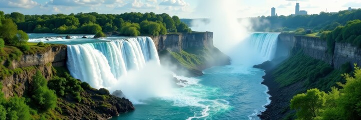 Fototapeta premium Breathtaking bird's eye view of iconic Niagara Falls surrounded by lush greenery, greenery, lush, landscape