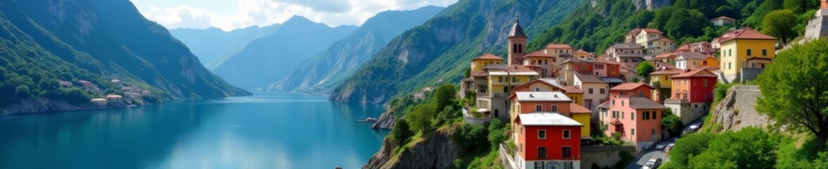 Fototapeta premium Breathtaking view of colorful houses nestled amongst mountains, view, dolomites