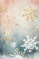 A hand drawn watercolor sparklecore cozy winter scene with The central motif of snowflakes predominantly pink and silver gold glitter sparkly snow predominantly
