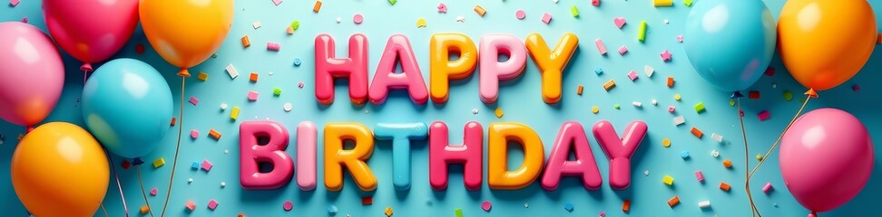 Bright and colorful happy birthday lettering with confetti and balloons, festive, design, typography