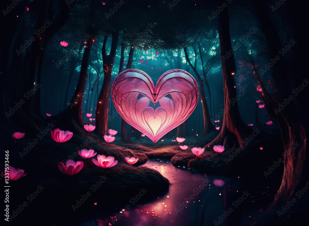 Poster a luminous heart shape floats gently in a shadowy forest background, petals scattered around a softl