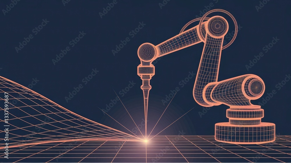 Poster robotic arm and robotic machine tool for smart technology manufacturing process in dark blue backgro