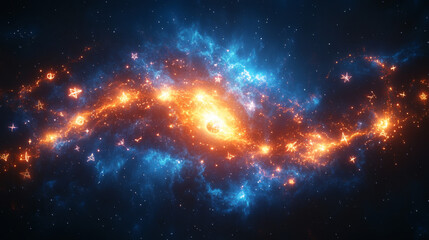 Vibrant Abstract Cosmic Nebula Displaying Orange and Blue Glowing Structures