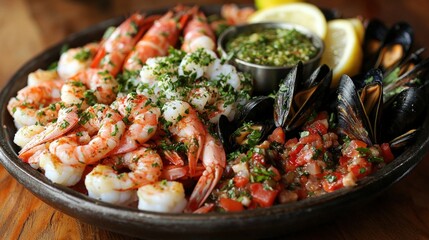 Seafood platter with shrimp, mussels, sauce, and lemon.