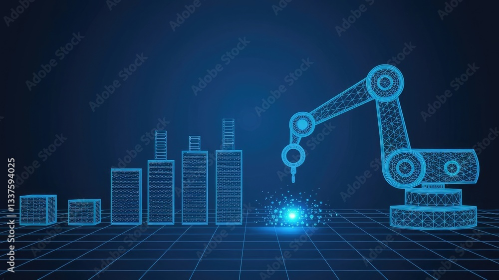Poster robotic arm and robotic machine tool for smart technology manufacturing process in dark blue backgro
