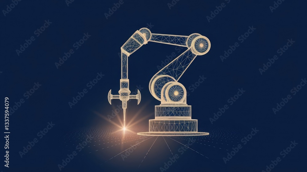 Poster robotic arm and robotic machine tool for smart technology manufacturing process in dark blue backgro