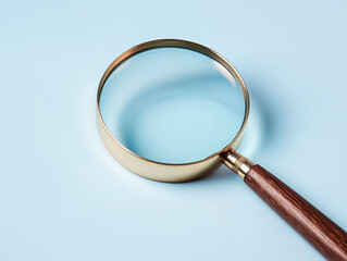 Magnifying glass with a wooden handle isolated on solid color background