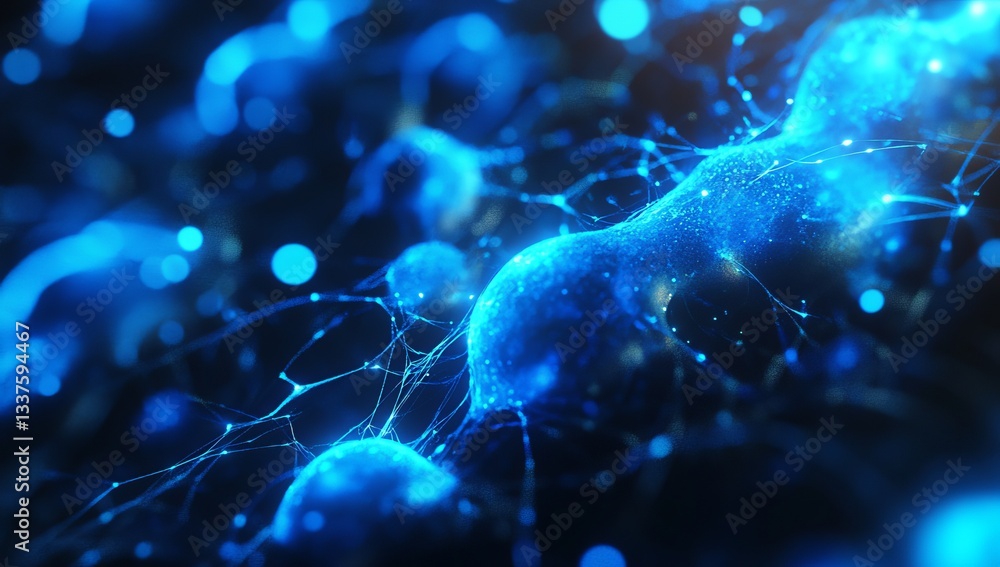 Poster abstract depiction of interconnected cellular structures. detailed representation of glowing, interc