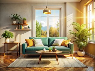Cozy Living Room Interior: Comfortable Couch near Window with Natural Light
