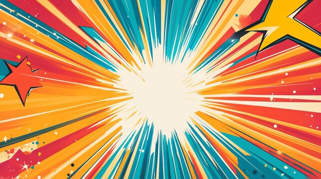 Comic bright background featuring vibrant halftone dots, dynamic speed lines, and explosive pop art elements in a bold color palette, perfect for retro-inspired digital designs, graphic novels, and ey