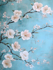 Handpainted flower patterns chinoiserie style depicting the qing dinasty painting style in duck egg blue hue for wall art