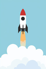 Retro rocket blasting off through clouds on a colorful backdrop