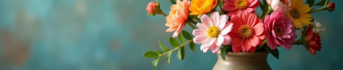 Fototapeta premium Close-up of assorted spring flowers in a rustic ceramic vase, spring, fresh, assorted