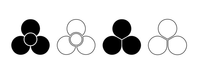 Set of flower silhouettes with 3 petals. Floral pie chart divided on three equal parts in leaf shapes isolated on white background. Fan, propeller or pinwheel toys. Vector graphic illustration.