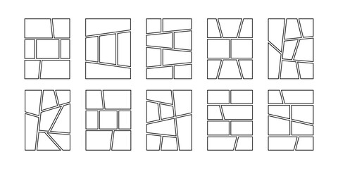 Fototapeta premium Set of comic book page templates. Anime page panels isolated on white background. Grids for manga storyboard. Layouts for photo collage, magazine, poster or sketchbook. Vector graphic illustration.