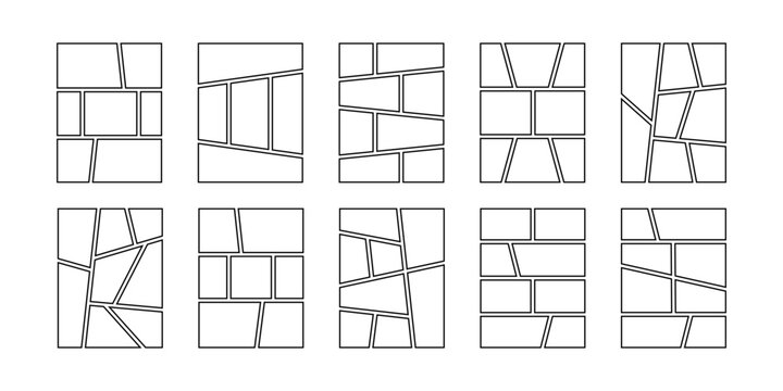 Set of comic book page templates. Anime page panels isolated on white background. Grids for manga storyboard. Layouts for photo collage, magazine, poster or sketchbook. Vector graphic illustration.