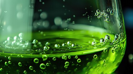 Close-up of a vivid green chemical reaction in a beaker. Fizzing bubbles pop in slow motion, showing dynamic lab activity—ideal for science visuals, chemistry demos, or educational content.
