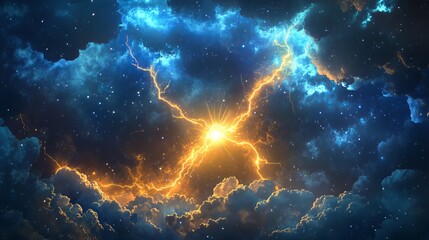 Obraz premium Comic burst background with dynamic star and thunderbolt explosion featuring vibrant pop art style, radiating energy beams, and halftone dots for action-packed retro design, superhero themes, and high