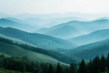 Obraz premium A layered landscape featuring mountains forests and atmospheric haze
