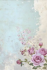 tag for junk journaling country chic roses bouquet on a bottom corner with a dusty purple aqua and tan background