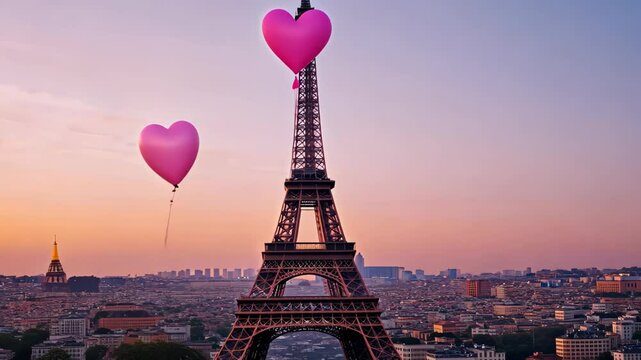 Eiffel Tower at Sunset with Heart Balloon Over Paris Skylines in Romantic Pastel Color Palette Perfect for Valentine's Day Artwork and Travel Romance Theme