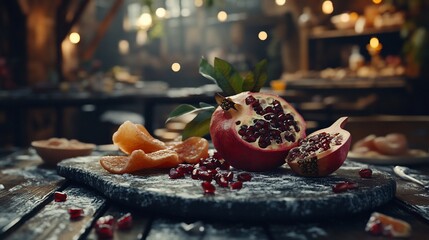 Pomegranate and candied orange slices on rustic table