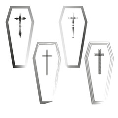 Coffin icon. Cross burial symbol. Memorial rest illustration. Vector tomb sign.