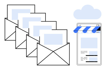 Stack of open envelopes with letters, storefront webpage, and cloud icon convey virtual communication, e-commerce, and cloud-based service. Ideal for marketing, digital strategy, business growth