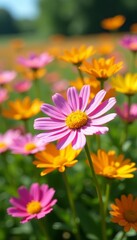 Obraz premium Close-up of vibrant marguerite daisy flowers in a sunny field, marguerites, nature