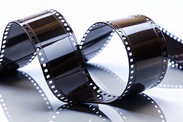 Curled Black Film Strip on White Background - Candid Photography Stock Photo