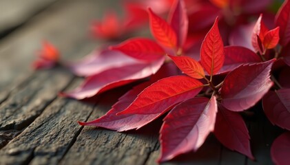 Close-up of vibrant red leaves on a wooden table, close-up, backdrop