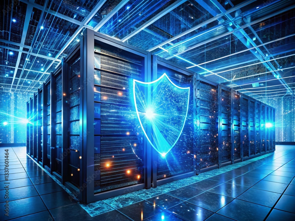 Poster cybersecurity data protection: digital shield protecting servers & computers
