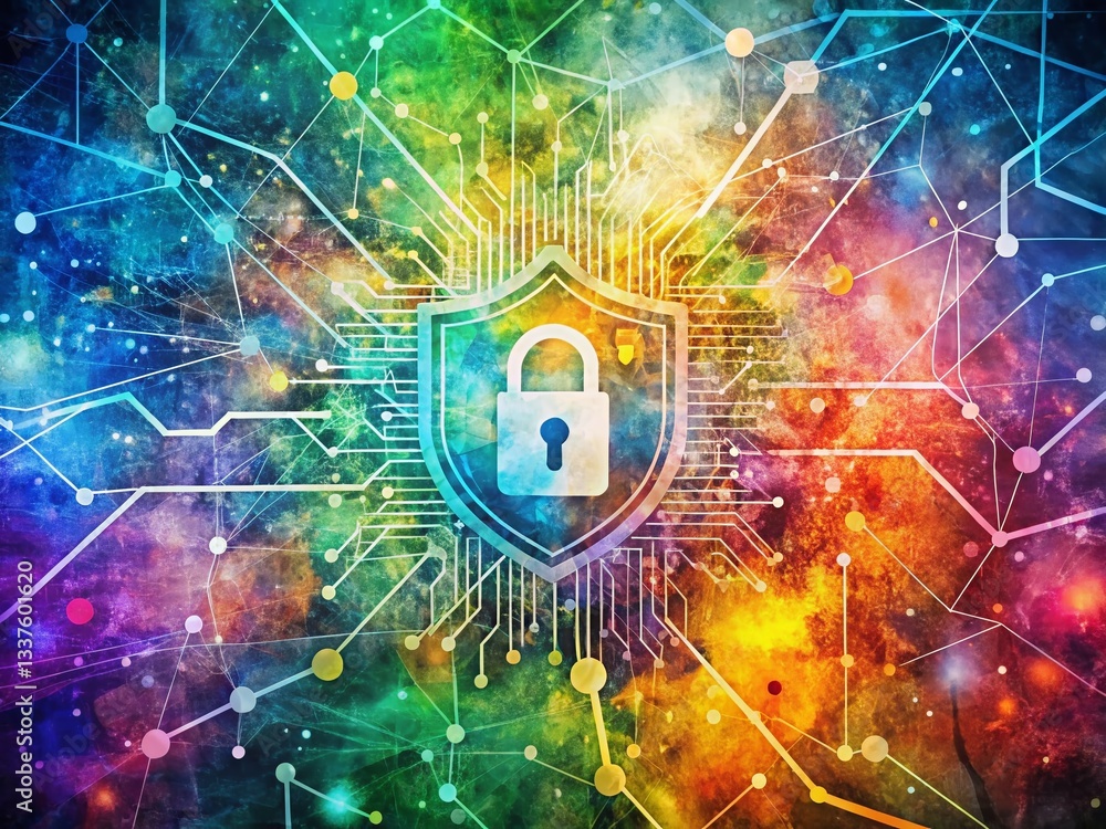 Poster cybersecurity system implementation: flat design top view digital protection watercolor triadic colo
