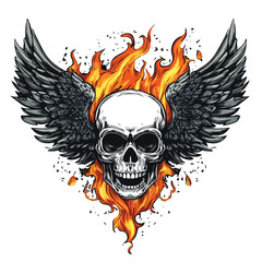 Obraz premium Skull Wings Fire Flames Vector Illustration with Wing