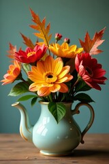 Colorful fall bouquet in vintage teapot on wooden table, wooden, teapot