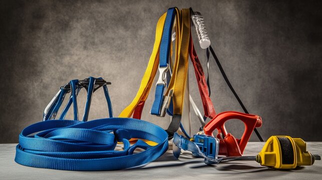 Safety harness and equipment showcased, emphasizing workplace safety and professional preparedness.
