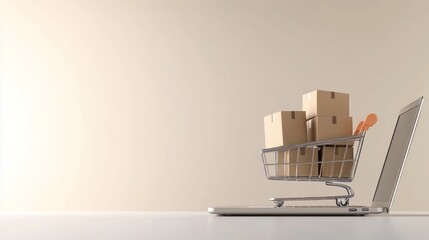 a shopping cart loaded with boxes sitting on top of a laptop computer