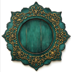 Rustic wooden board emerald green gold filigree simple Islamic style pattern label design empty center for text isolated on white background PNG transparent.jpe