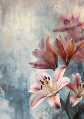 An ethereal flower punk image where lilies and carnations are woven with subtle hints of punk elements like tiny metallic studs and soft leather cords The flower