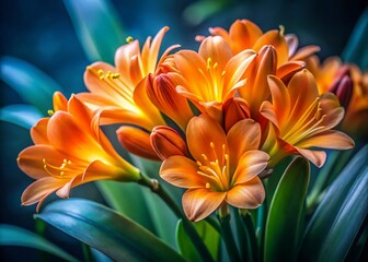Obraz premium Delicate Clivia Blossoms: Macro Photography of Vibrant Orange & Yellow Flowers in Soft Morning Light